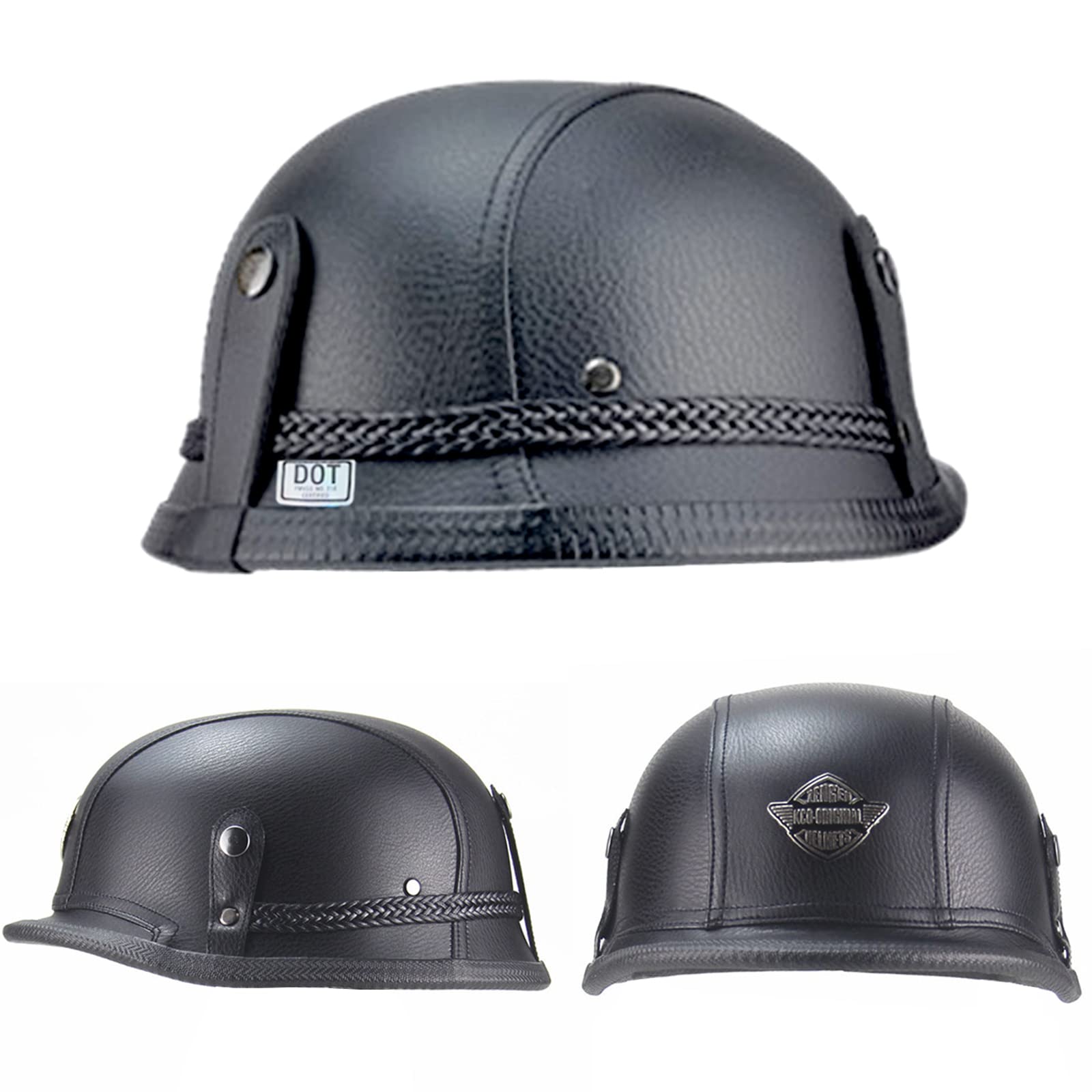 German Style Motorcycle Helmet, Retro Leather Motorcycle Half Helmet Skull Cap For Adult Men Women, Vintage Open Face Half Shell Helmet For Cruiser Scooter Chopper, Dot Approved (Black, Large)